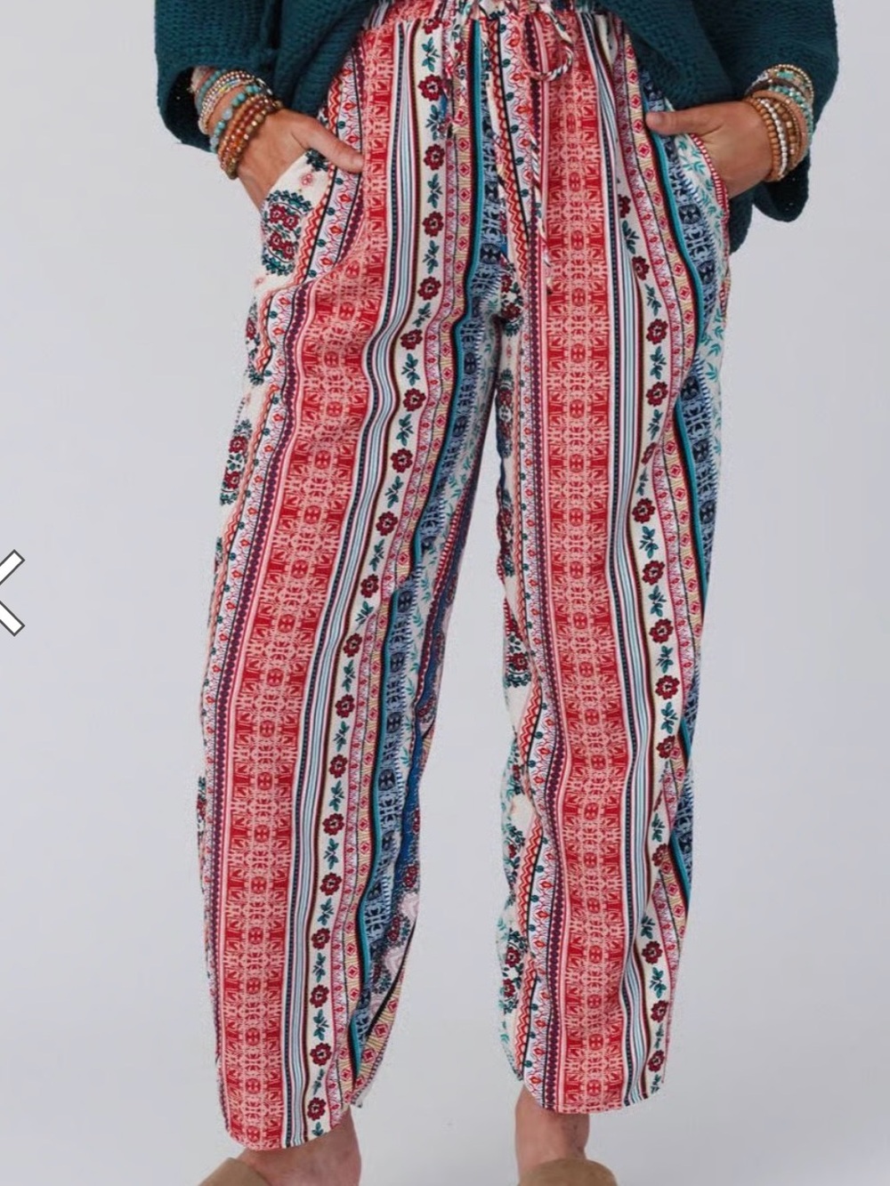 Three Bird Nest Red & Blue Boho Stripe Floral Wide Leg Pants L NWT